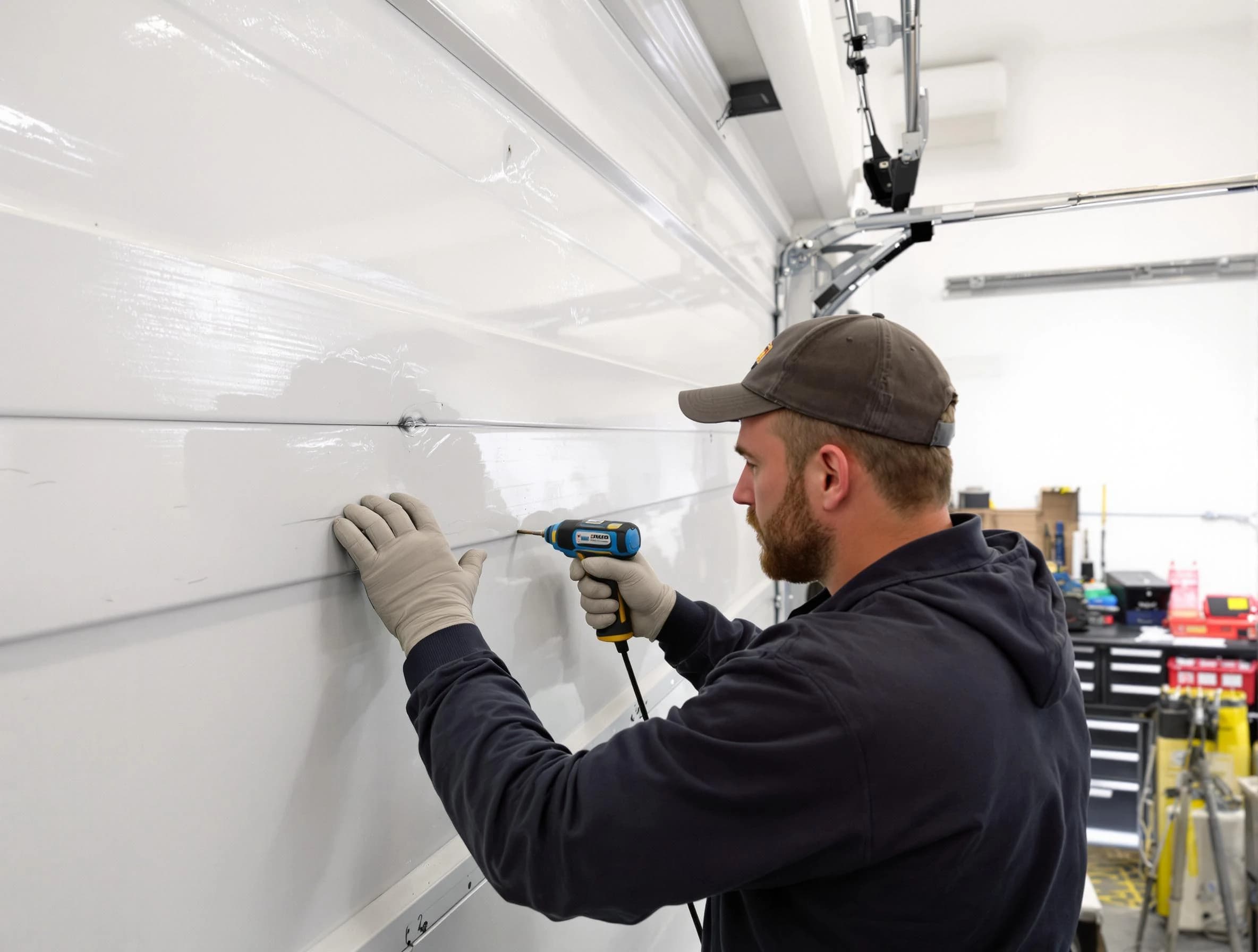 Jeannette Garage Door Repair technician demonstrating precision dent removal techniques on a Jeannette garage door